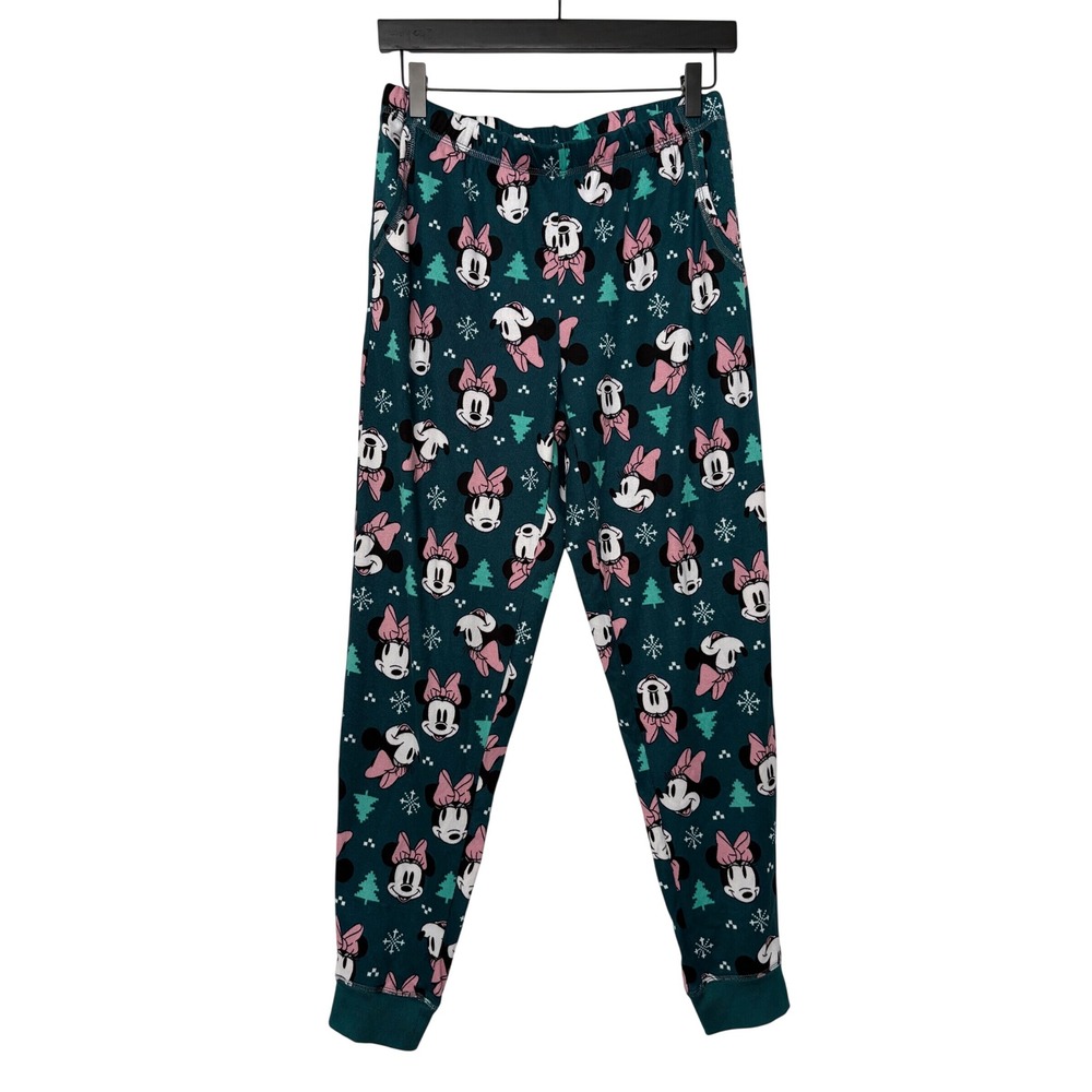 Disney Minnie Mouse Cozy Holiday Pajama Pants Teal Green Christmas Trees Small
